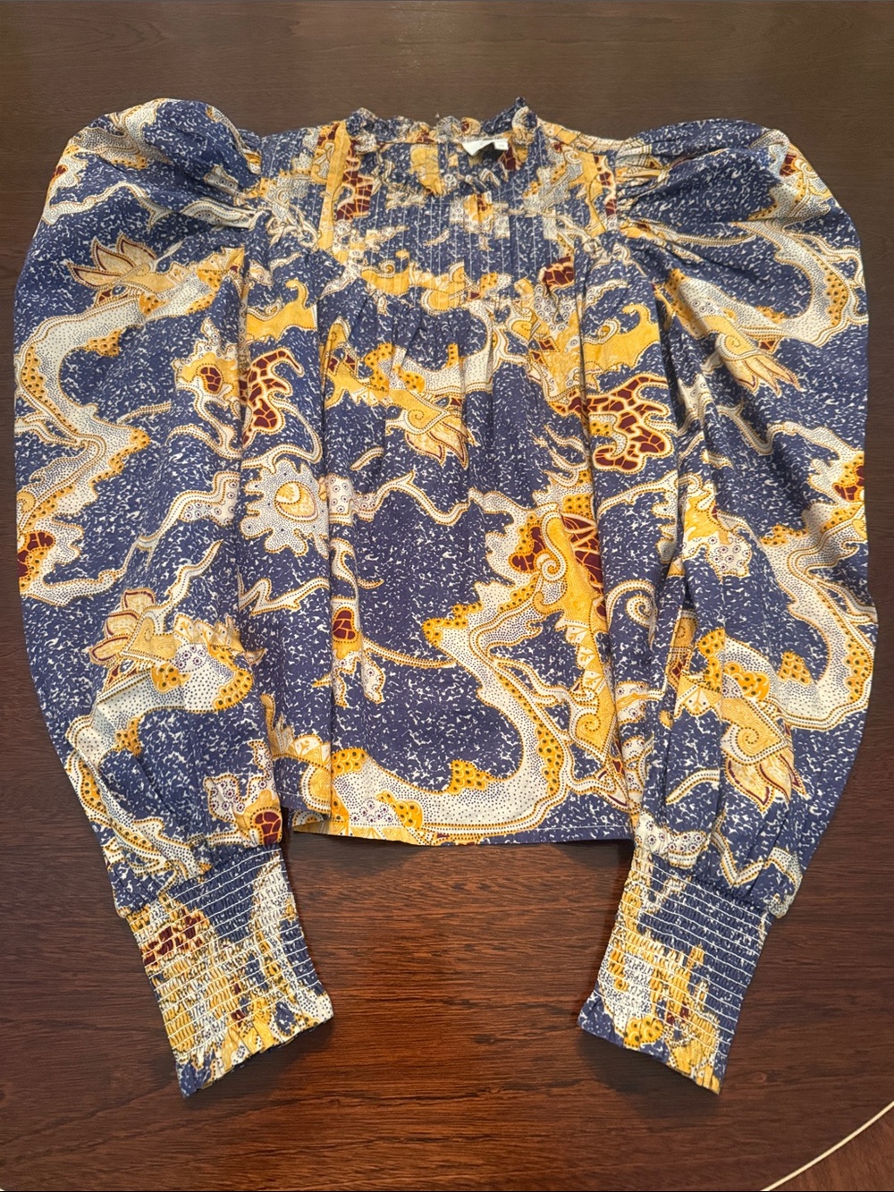 Cleobella Irina Blouse in the Blue Castello Print Puff-Sleeve Blouse